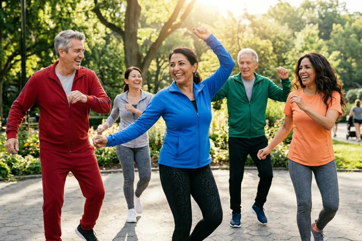 `A group of active, happy middle-aged adults exercising together in a sunny park, illustrating why energy is the ultimate marker of aging well.`