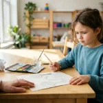 Young child pausing thoughtfully over an unfinished drawing in a children’s art class in Vaughan