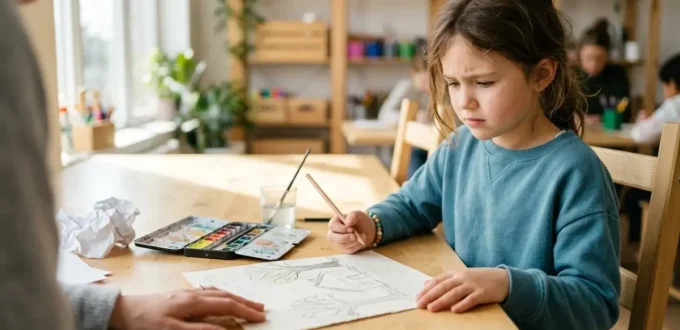 Young child pausing thoughtfully over an unfinished drawing in a children’s art class in Vaughan
