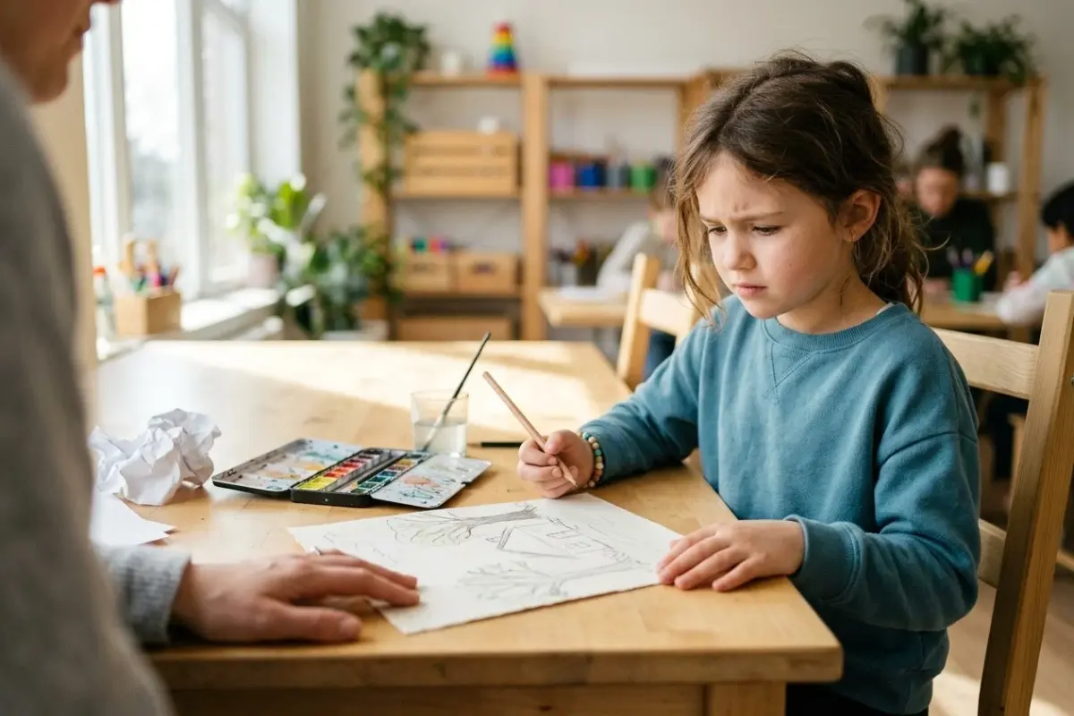 Young child pausing thoughtfully over an unfinished drawing in a children’s art class in Vaughan
