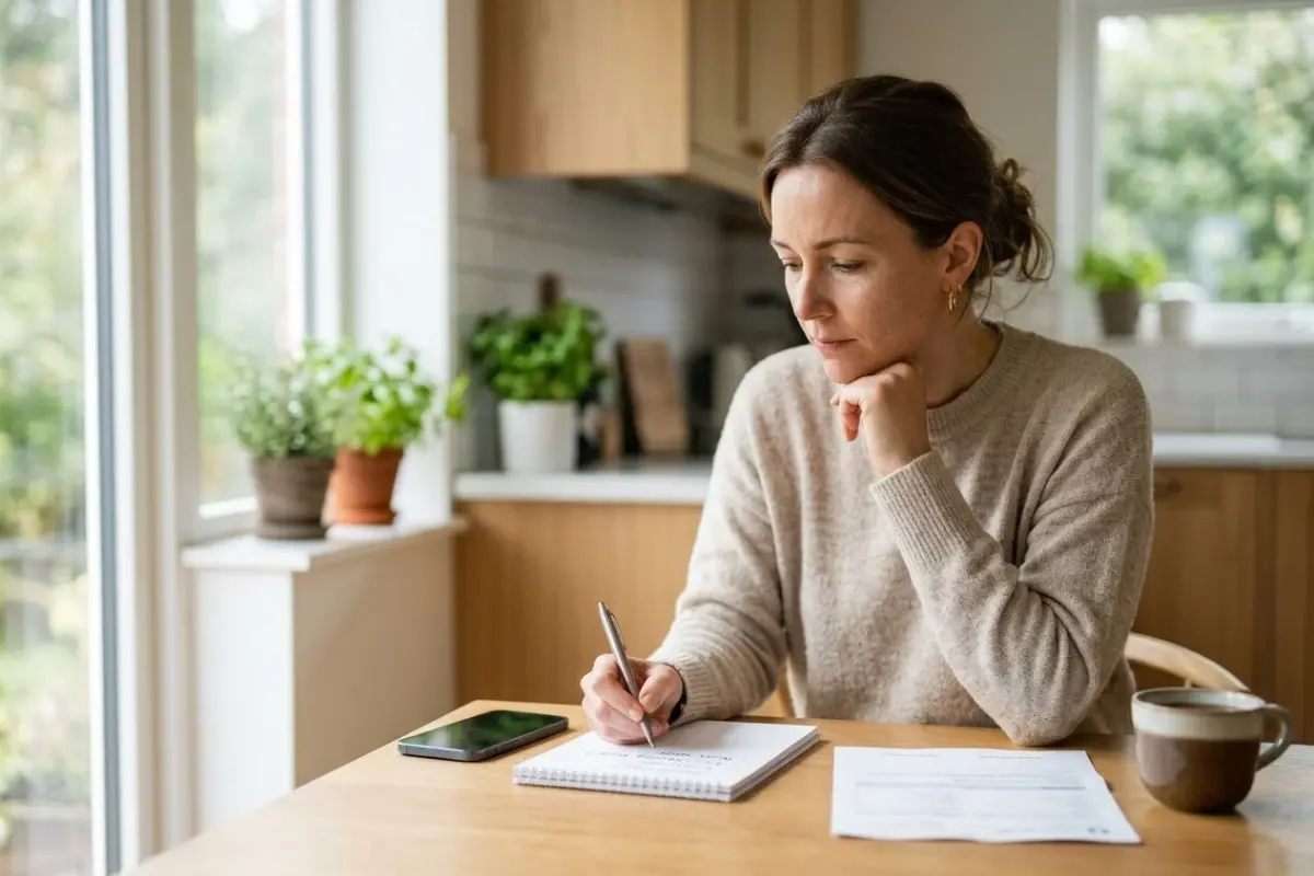 Adult preparing questions and notes before a dental visit.
