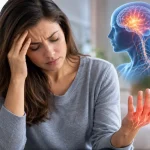 Neurological Problems Linked To Sjogren's Syndrome Woman experiencing a headache and hand discomfort illustrating possible neurological symptoms of Sjögren’s syndrome.