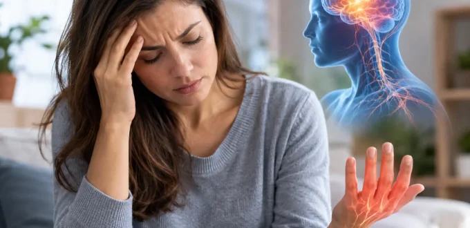 Woman experiencing a headache and hand discomfort illustrating possible neurological symptoms of Sjögren’s syndrome.