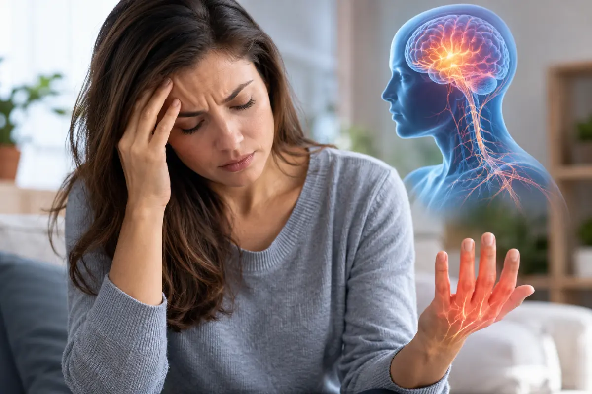 Woman experiencing a headache and hand discomfort illustrating possible neurological symptoms of Sjögren’s syndrome.