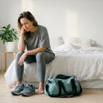 How to Stay Consistent on Fitness Goals: 5 Proven Ways Tired woman sitting on her bed in the morning, looking at running shoes and a gym bag, struggling to stay consistent with workouts