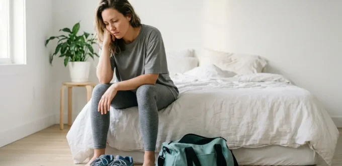 Tired woman sitting on her bed in the morning, looking at running shoes and a gym bag, struggling to stay consistent with workouts