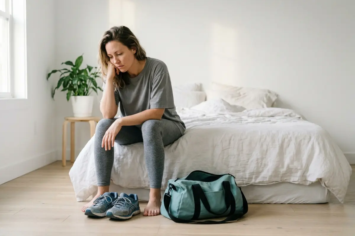 Tired woman sitting on her bed in the morning, looking at running shoes and a gym bag, struggling to stay consistent with workouts