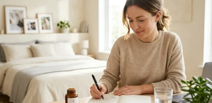 Woman reviewing her menstrual cycle calendar while preparing for pregnancy.