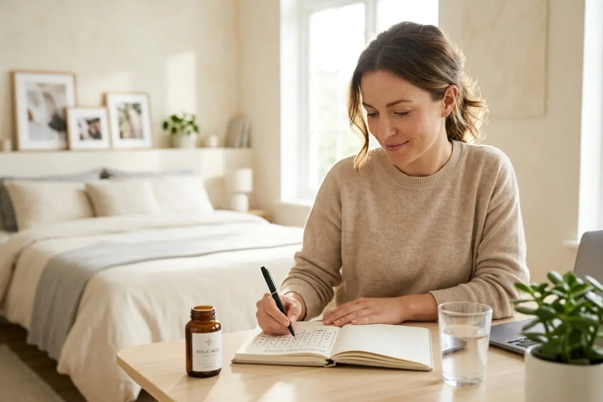 Woman reviewing her menstrual cycle calendar while preparing for pregnancy.